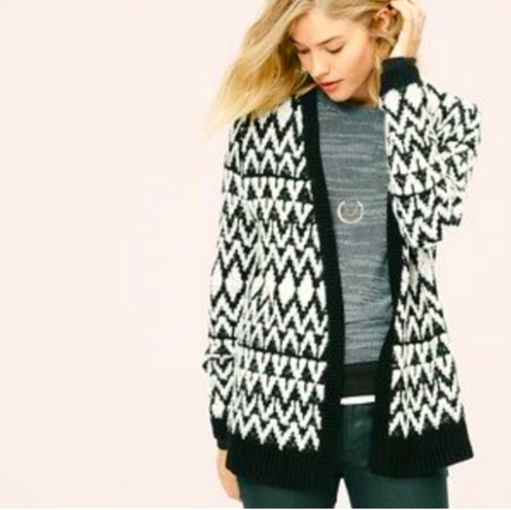 LOFT Lou & Grey Sweater Wmns  S/M Long Sleeve Open Front Wool Knit Tribal Print